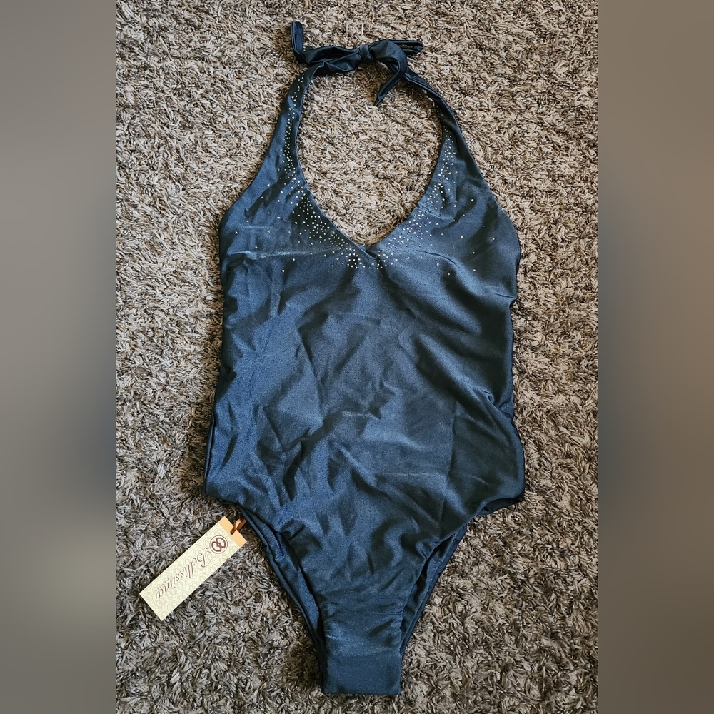 NWT Bellissima Black Pearl Sardinia Chic Plunging One Piece Swimwear M
